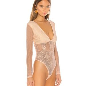 NBD Libra Nude Pink Lace Bodysuit XS Long Sleeve Deep V Sheer New With Tags NWT